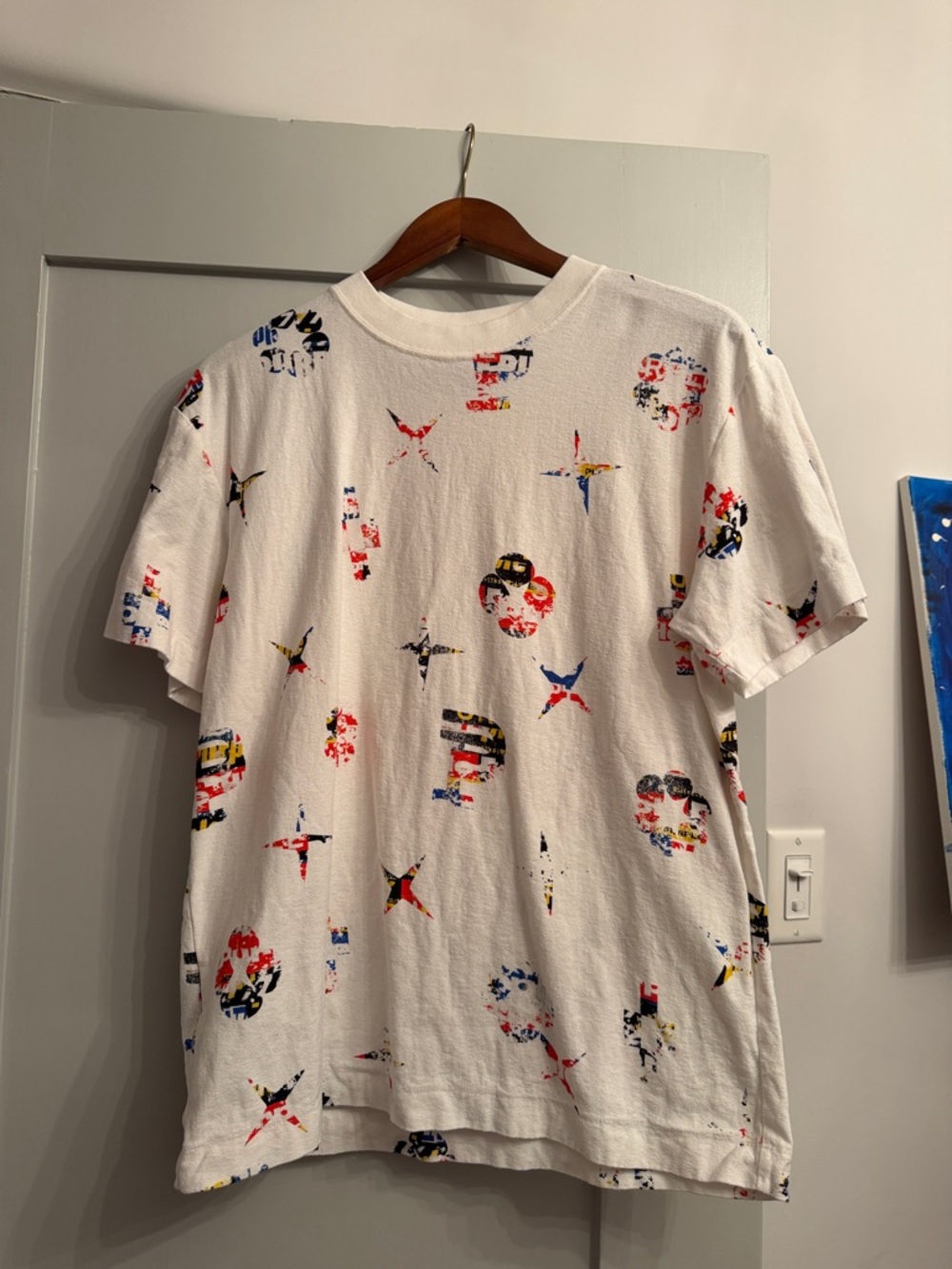 Purple Brand White Short Sleeve Graphic Tee with Multicolor Print - EUC